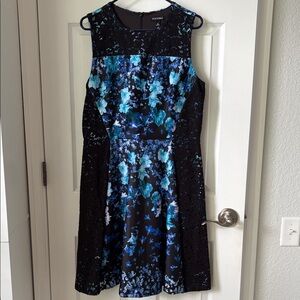 Roz & Ali Black Midi Dress with Blue Floral Print